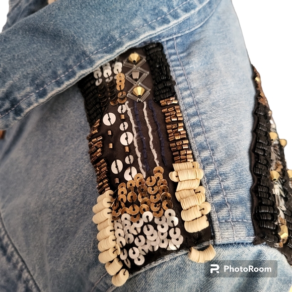 Miss Me womens denim button up western rodeo boho cowgirl beaded embellish top - Picture 6 of 12